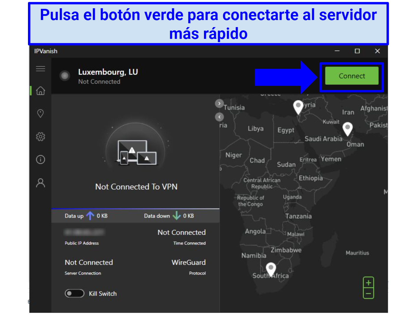 Screenshot showing the IPVanish Windows app home page