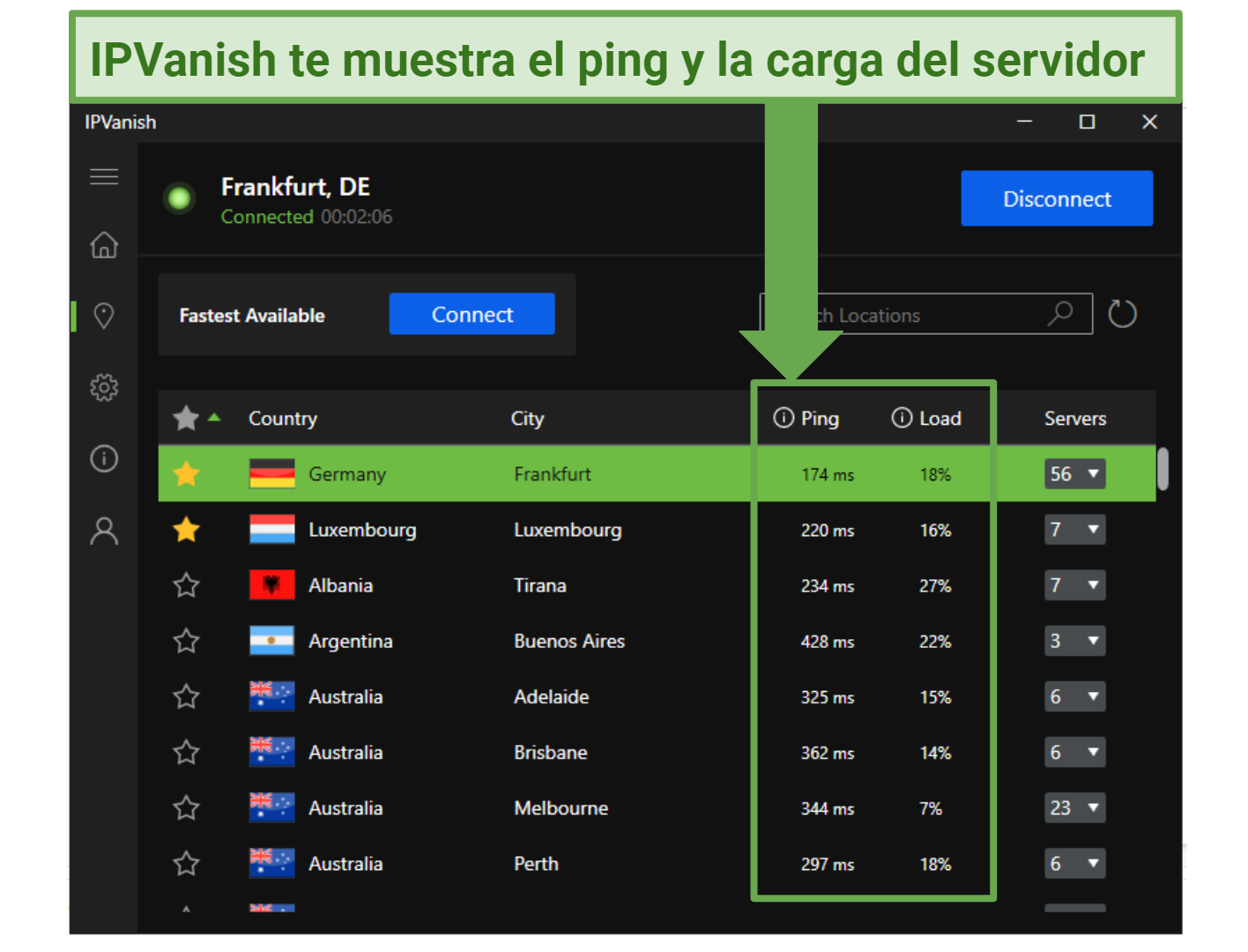 Screenshot showing IPVanish server list and each server's ping and load