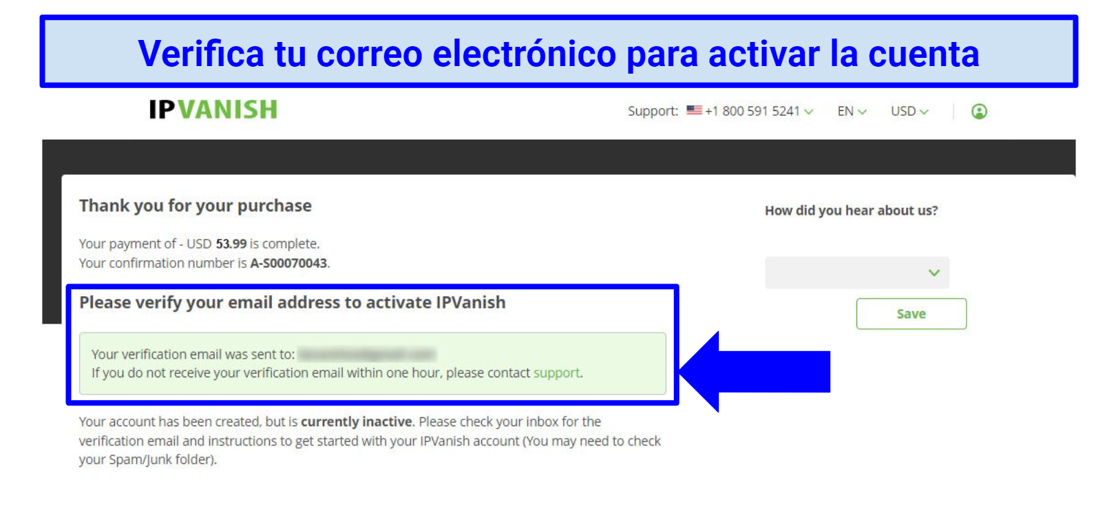 Screenshot showing the IPVanish payment confirmation page