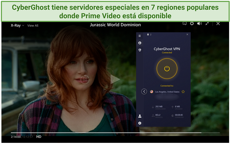 Screenshot of Jurassic World Dominion streaming on Amazon Prime Video with CyberGhost's specialty US server