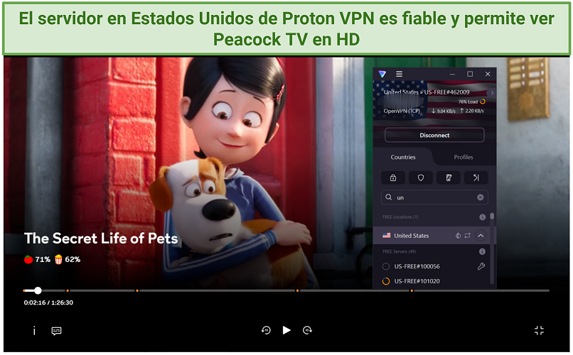 Screenshot of The Secret Life of Pets streaming on Peacock TV with Proton VPN connected to a United States server