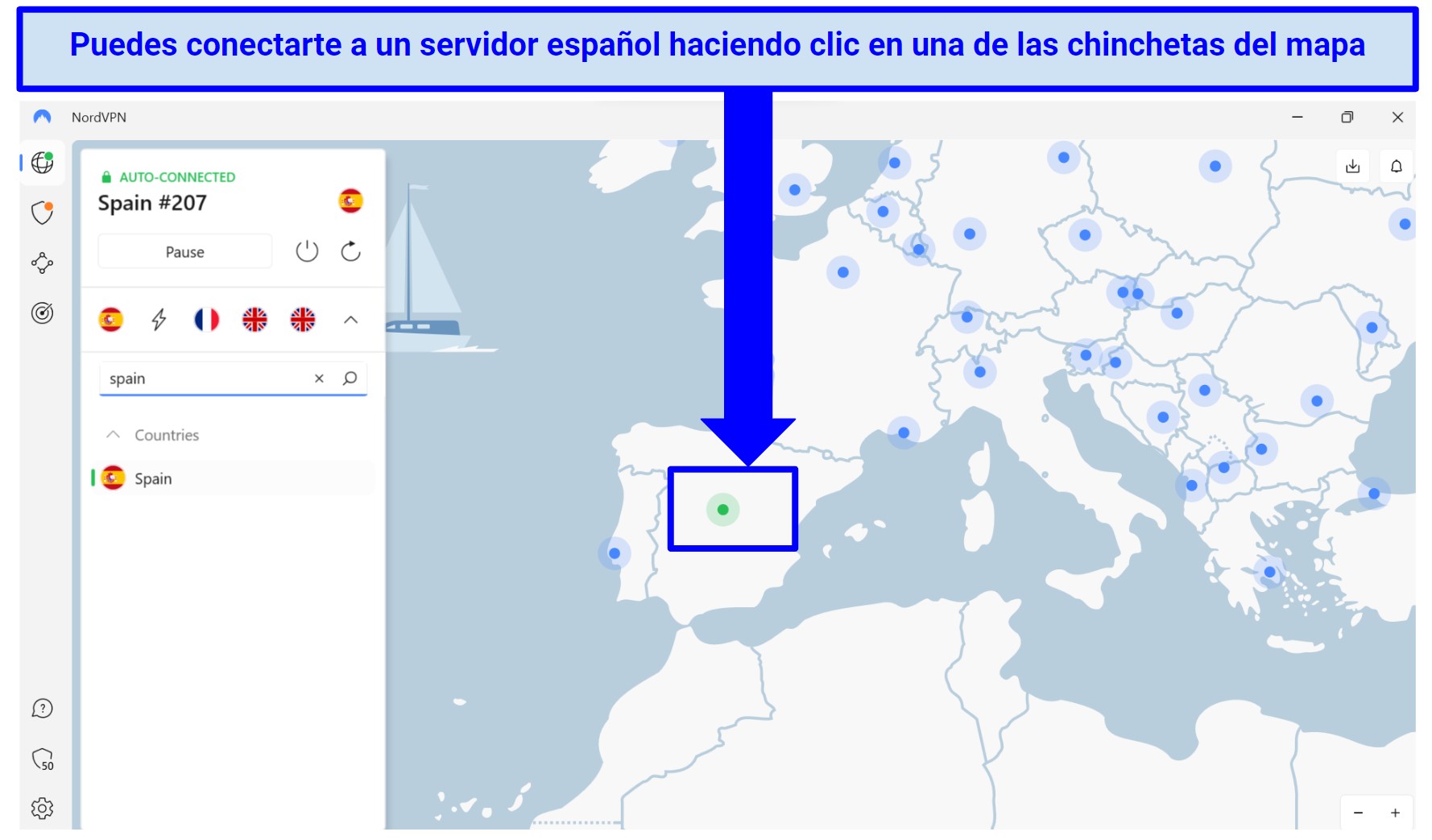 Screenshot of NordVPN's Windows app showing a server pin in Spain