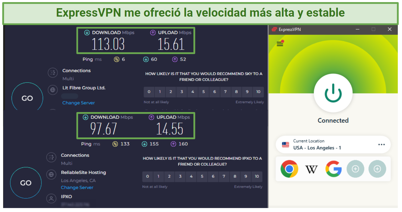 a screenshot of two speed tests, with expressvpn connected to a Los Angeles server