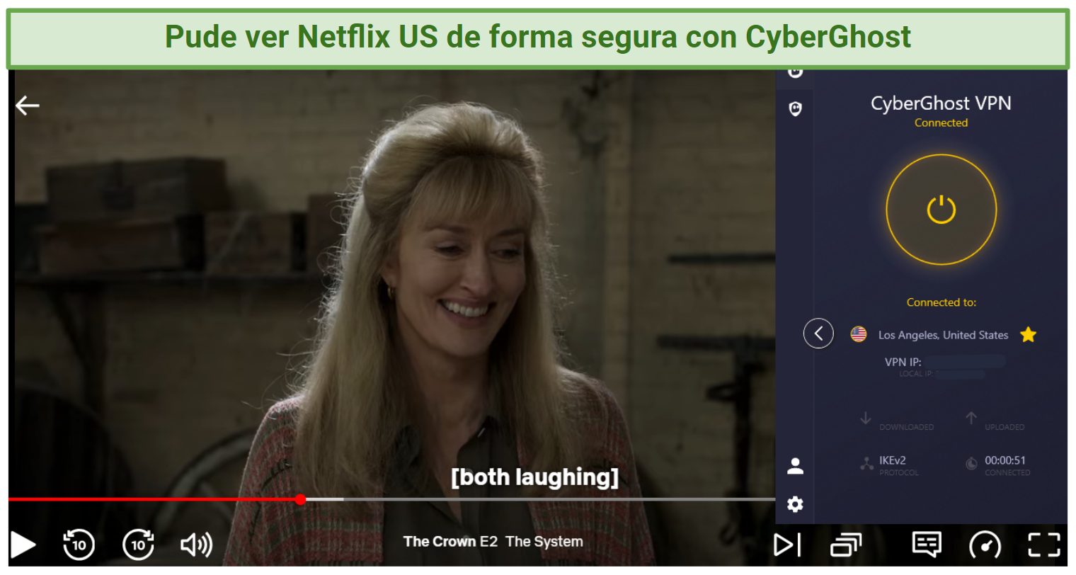 a screenshot of a show on netflix, with CyberGhost connected to a Los Angeles server