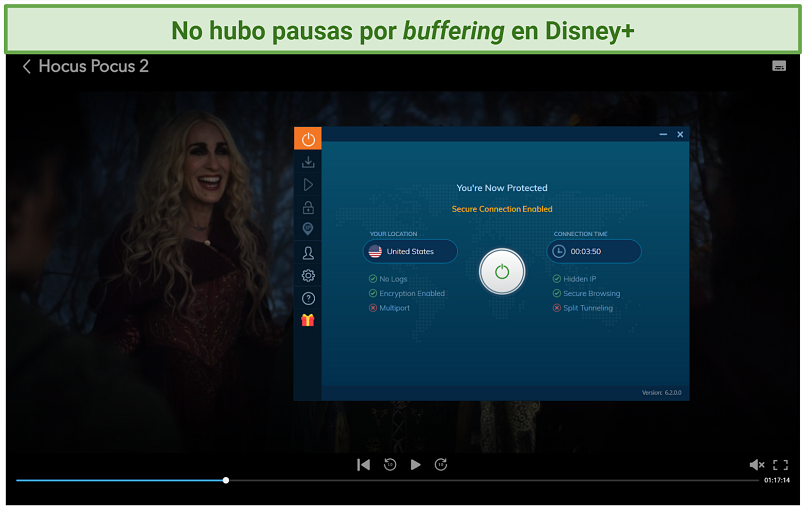 Screenshot of Hocus Pocus 2 streaming on the Disney+ player while connected to Ivacy VPN
