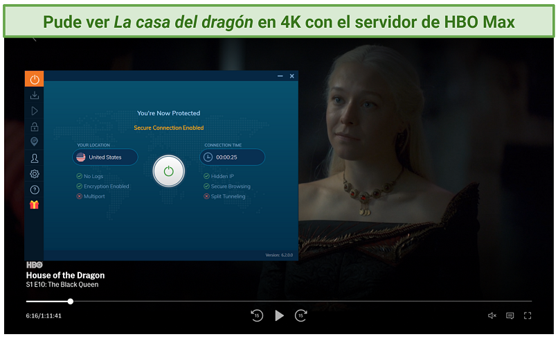 Screenshot of HBO Max player streaming House of the Dragon while connected to Ivacy VPN