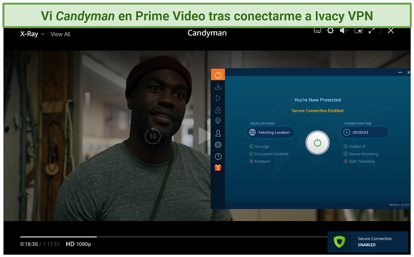 Screenshot of Amazon Prime Video player streaming Candyman while connected to Ivacy VPN