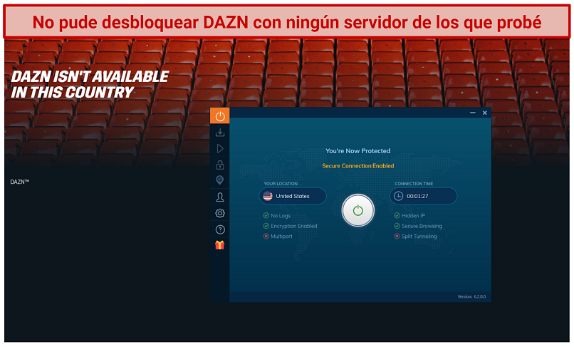 Screenshot of DAZN website being blocked while connected to Ivacy VPN