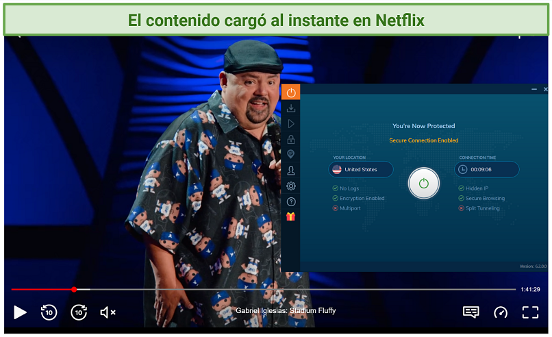 Screenshot of Netflix Player streaming Stadium Fluffy while connected to Ivacy VPN