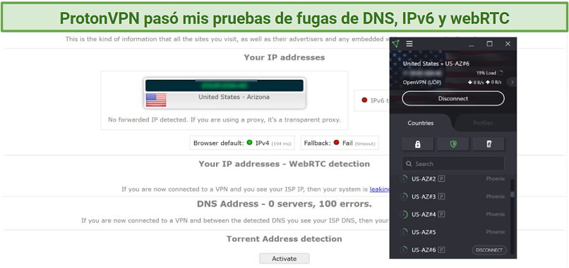 Screenshot of ProtonVPN connected to the AZ#6 server during a test on ipleak.net