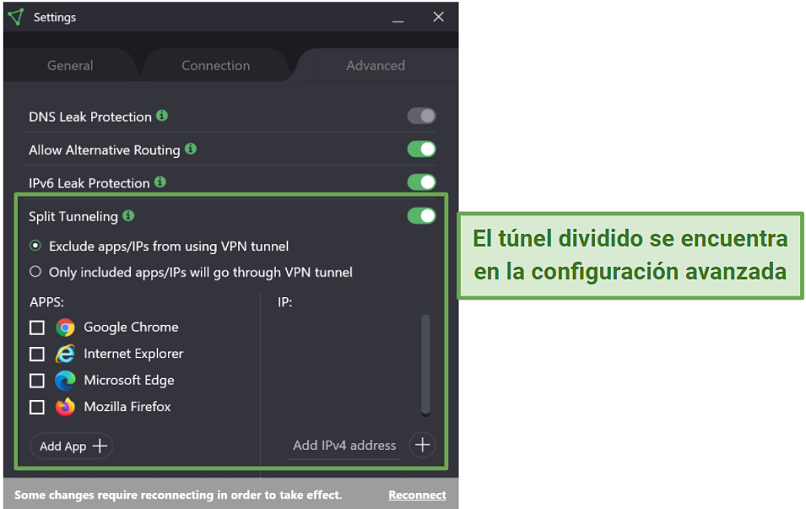 Screenshot of Proton VPN settings showing where to find split tunneling