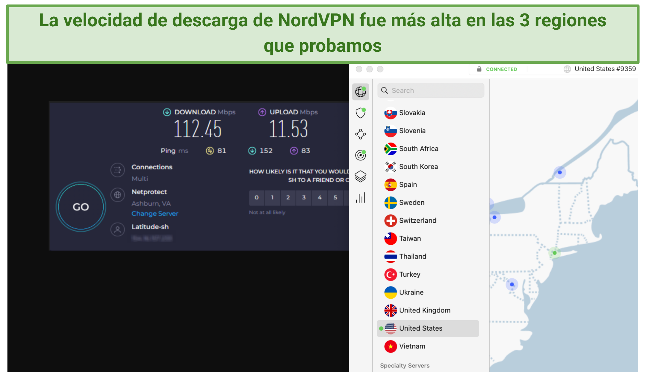 Screenshot of the NordVPN app connected to a server in New York over an online speed test