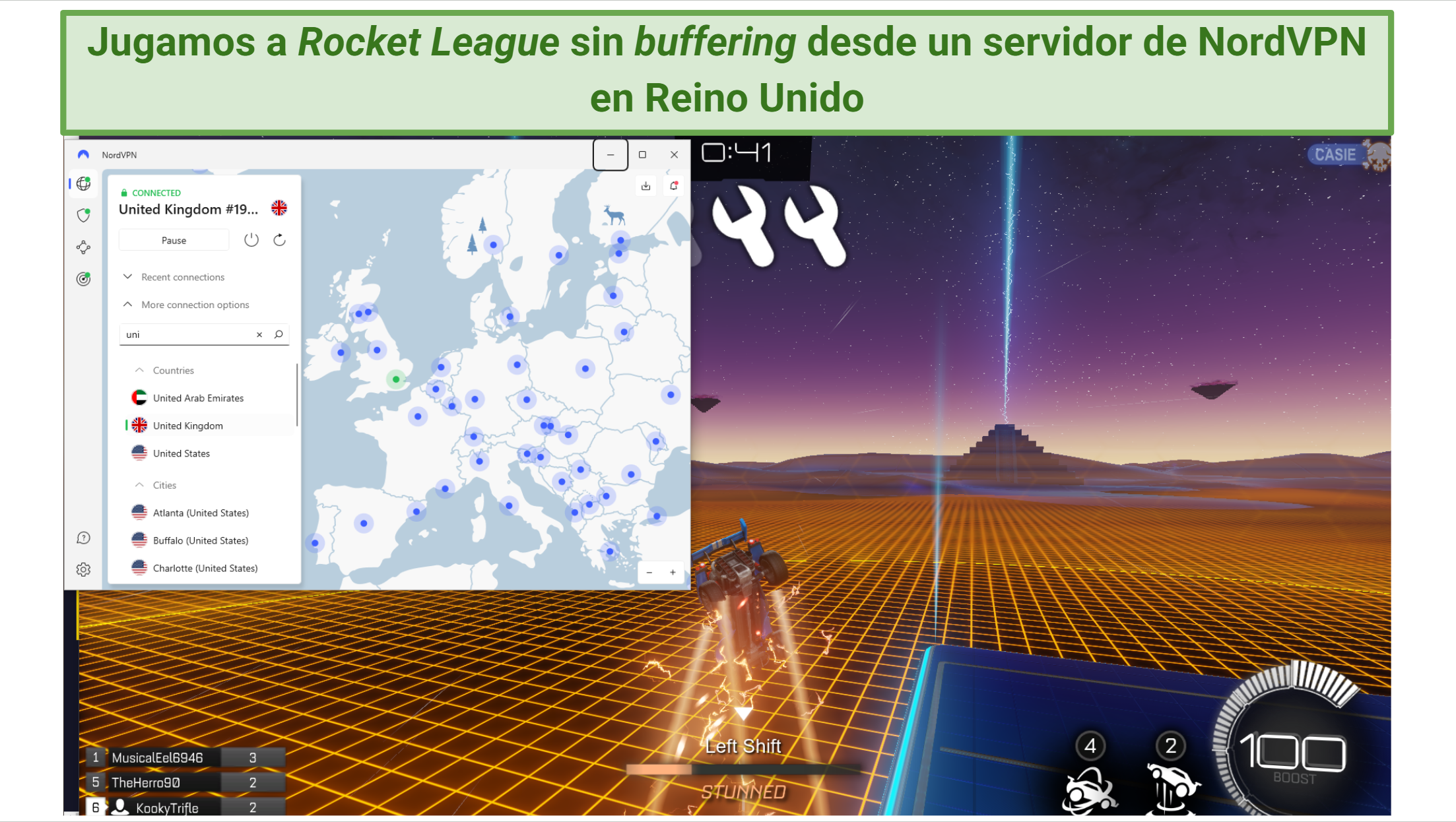 Screenshot of the NordVPN app connected to a UK server over Rocket League playing on a browser