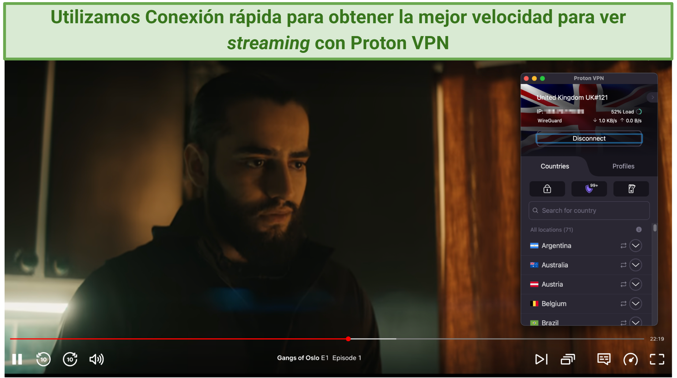Screenshot of the Proton VPN app connected to a UK server over a browser streaming Netflix