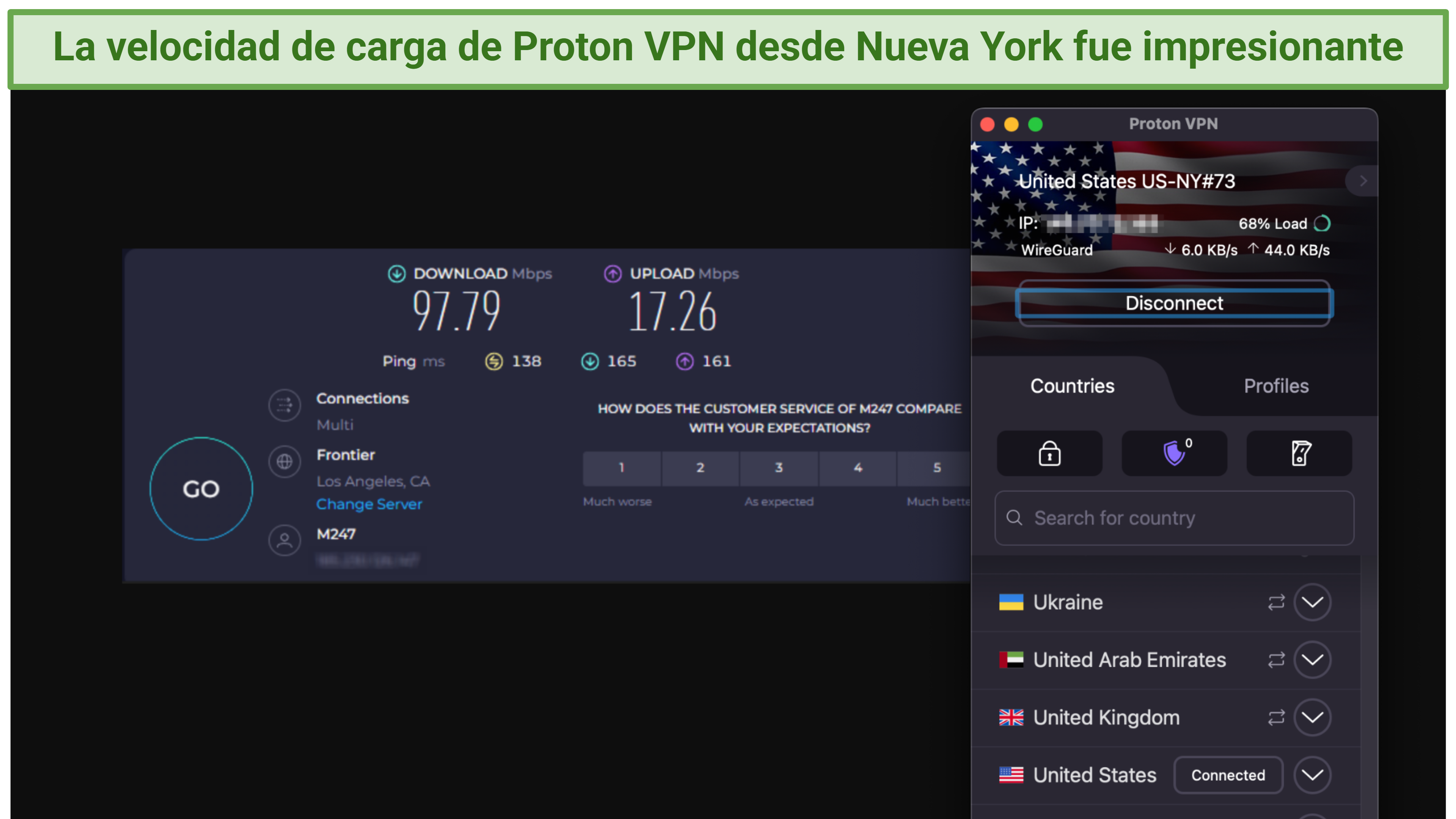 Screenshot of the Proton VPN app connected to a server in New York over an online speed test