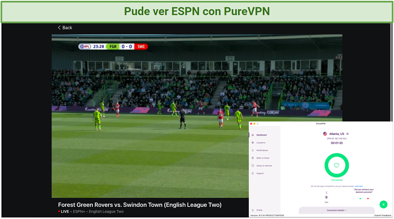 screenshot of ESPN player streaming a live match unblocked with PureVPN