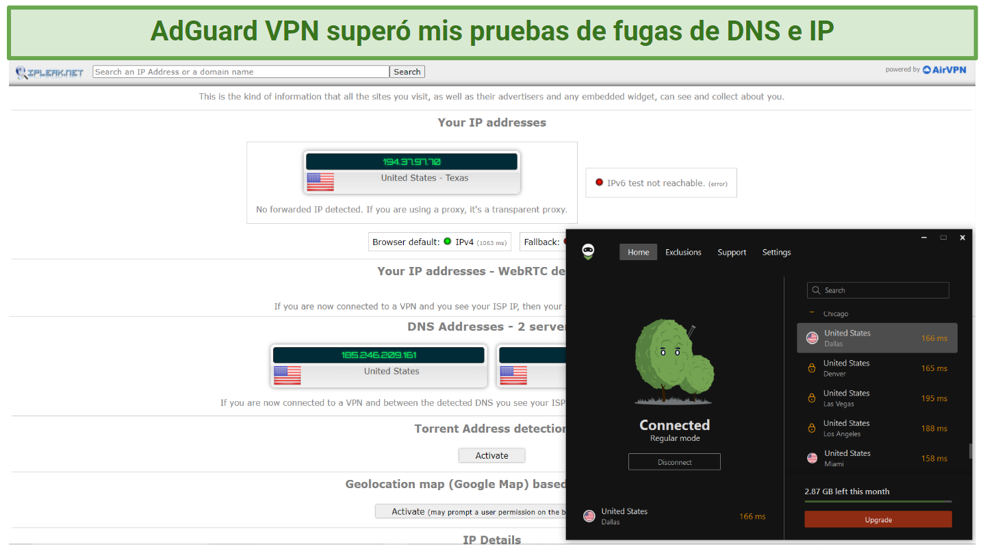 Graphic showing AdGuard passing a DNS and IP leak test