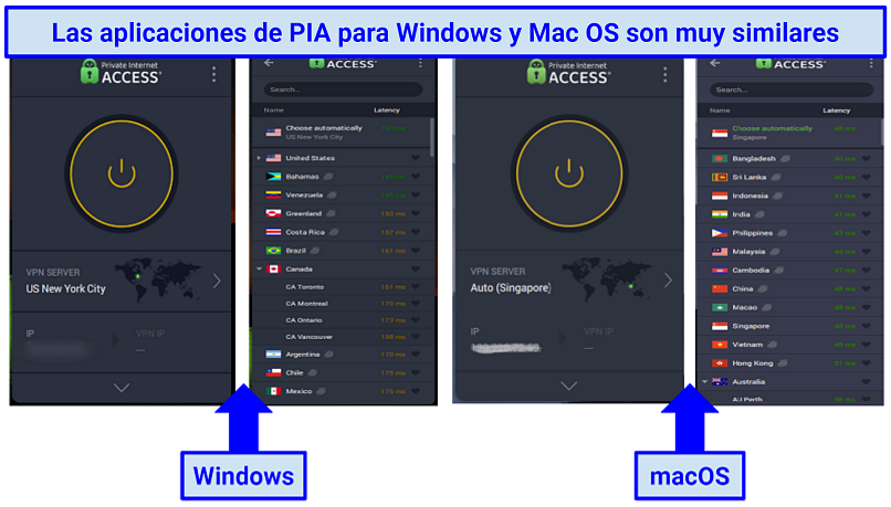 Screenshot of PIA's Windows and Mac apps