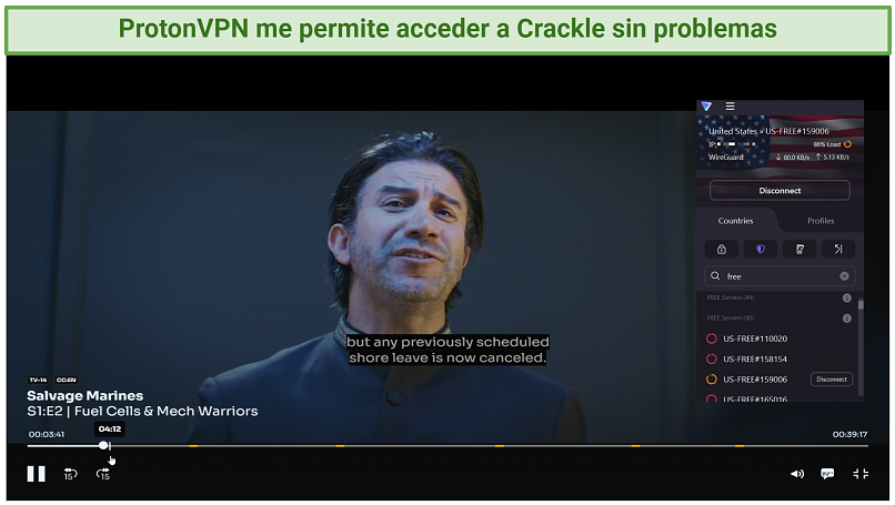 screenshot showing Salvage Marines streaming on Crackle with ProtonVPN connected
