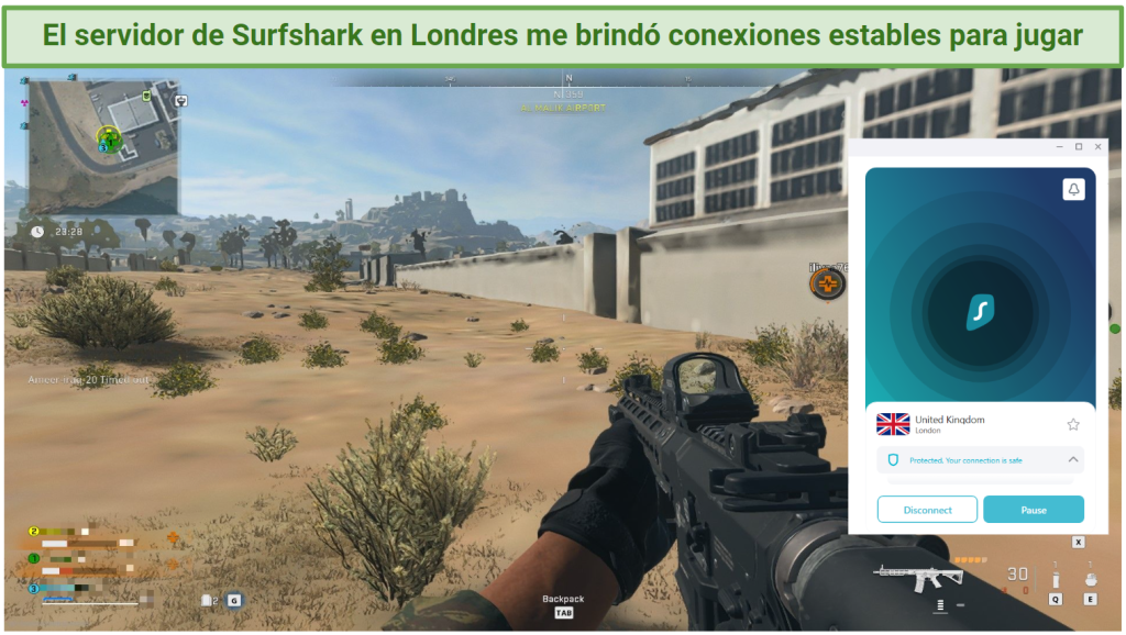 Screenshot showing Warzone Gameplay with Surfshark connected