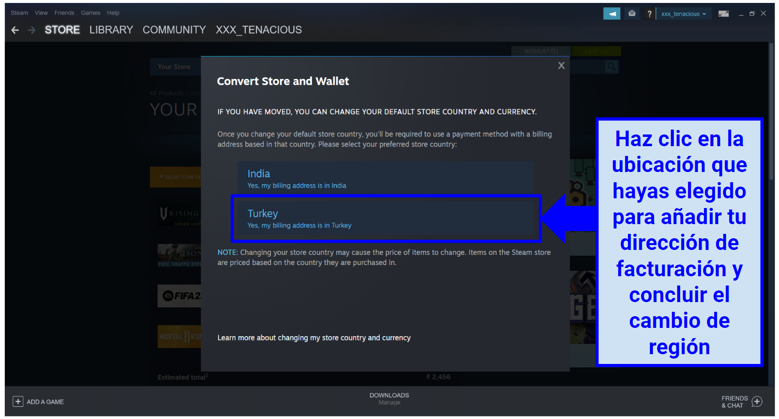 A screenshot showing that the user can click on their chosen location to input their billing address and change their region on Steam