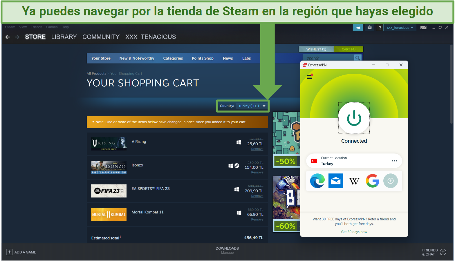 A screenshot showing a Steam store shopping card with the region change applied