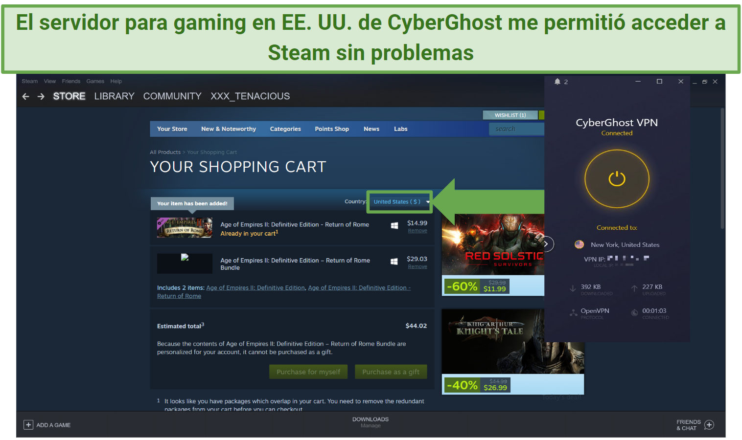Screenshot of Steam's US store with CyberGhost connected