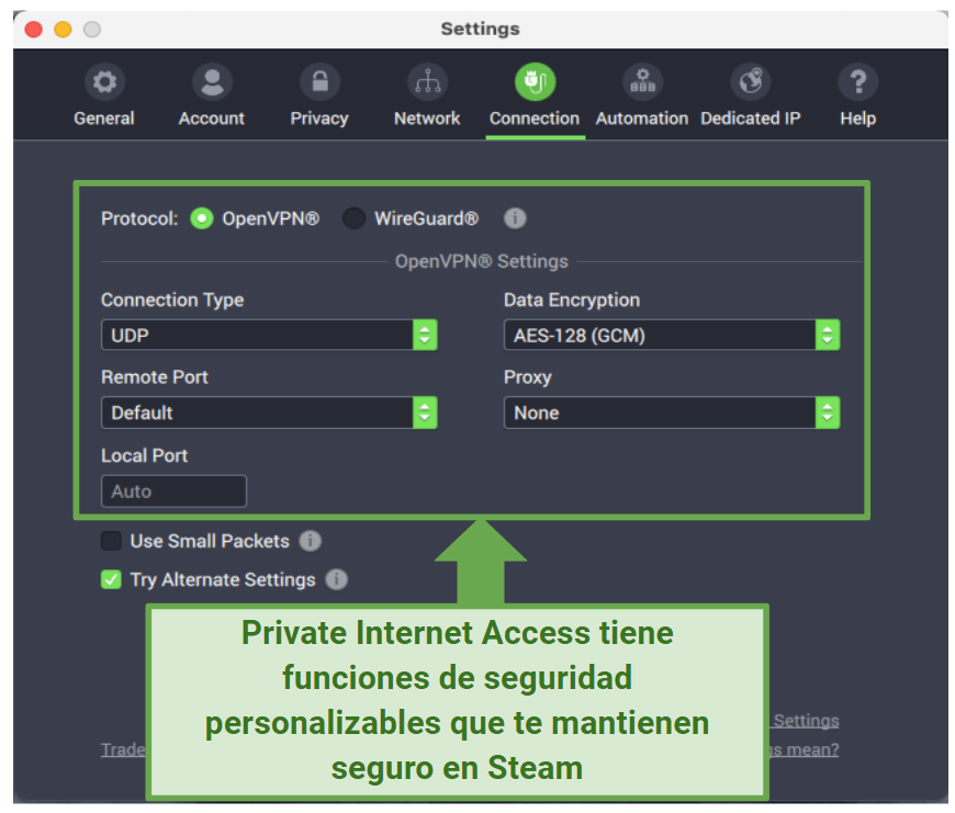Graphic showing PIA's security features on its macOS app