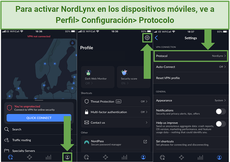 Screenshot showing how to activate the proprietary NordLynx protocol on mobile devices