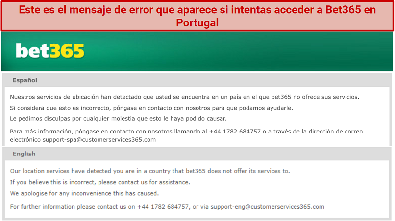 A screenshot of bet365's location error message in Spanish and English