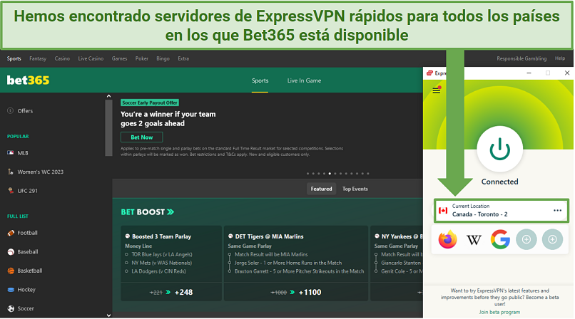 Screenshot of Bet365's homepage while ExpressVPN is connected to a server in Canada