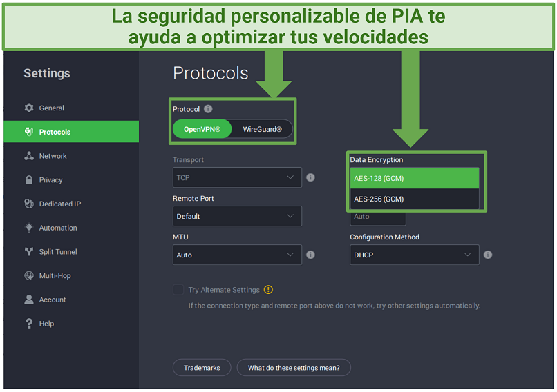 A screenshot showing PIA's customizable security settings on its Windows app