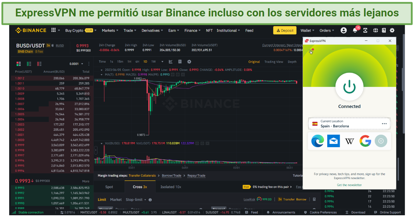 A screenshot showing ExpressVPN's Mexico server successfully unblocking Binance.com in the US