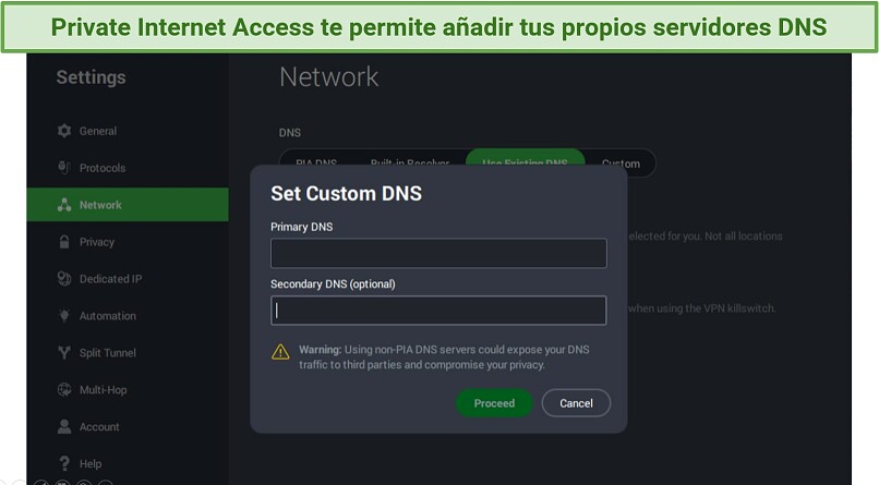 Screenshot showing Custom DNS settings in Private Internet Access app