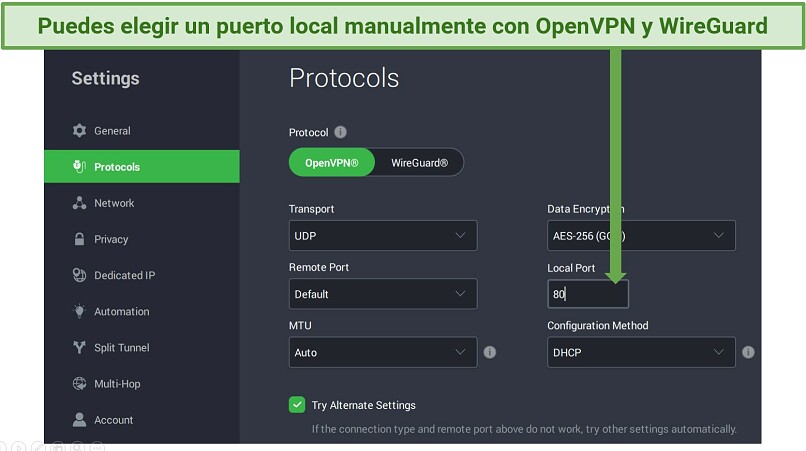 Screenshot showing manual port selection in Private Internet Access' VPN settings menu