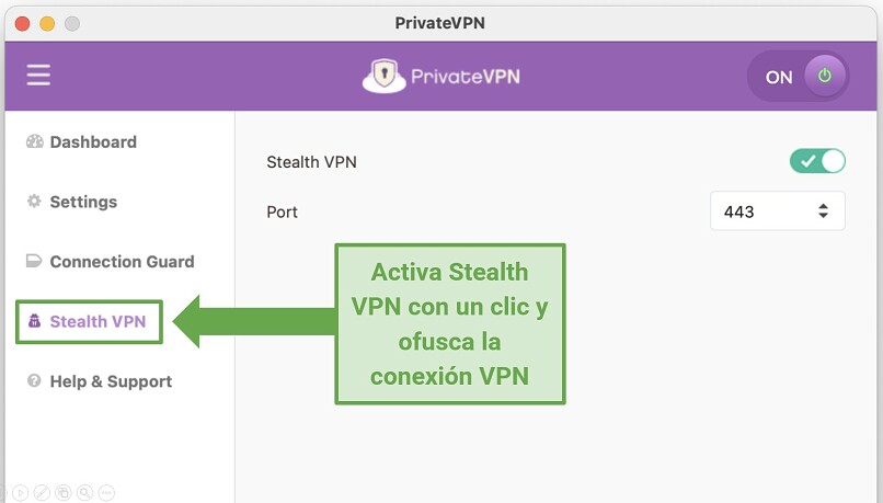 Screenshot of the Advanced View of the PrivateVPN app, showing Stealth VPN switched on