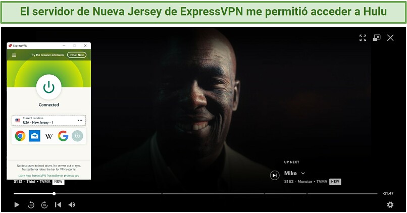 Screenshot of ExpressVPN successfully unblocking Hulu