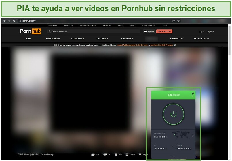 Screenshot of PIA unblocking Pornhub