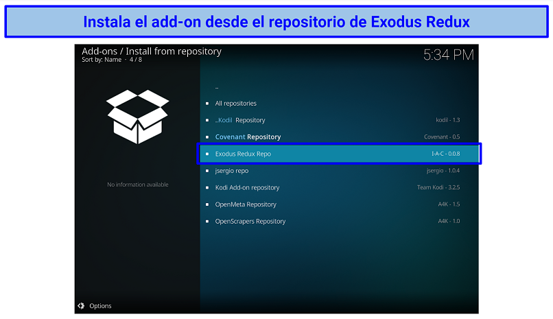 Screenshot of Kodi's Exodus Repository