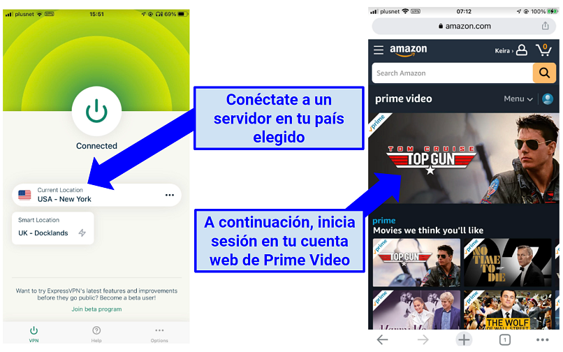 Screenshots of unblocking Amazon Prime Video US with ExpressVPN