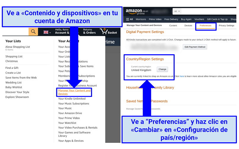 Screenshots of steps to change you Amazon Prime country through the settings on your account
