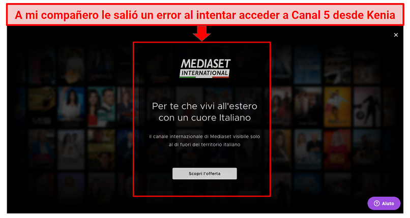A screenshot showing the error message that pops up when trying to view Canale 5 outside Italy