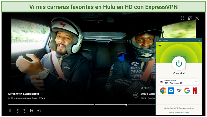 Screenshot of streaming Hulu with ExpressVPN connected to a server in Washington