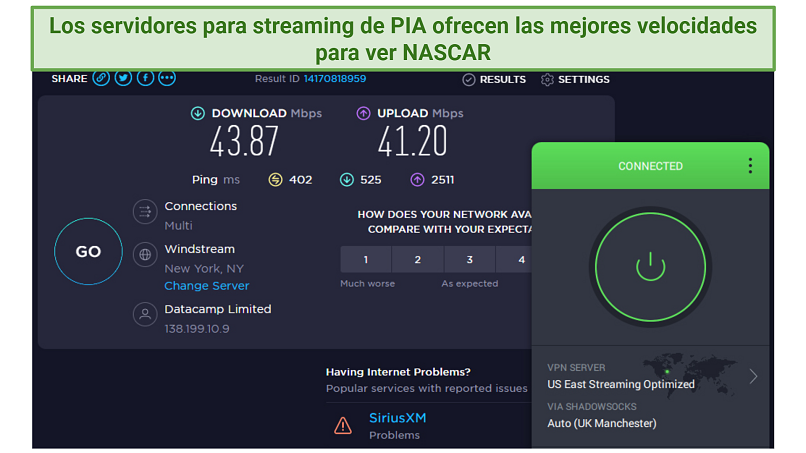 Screenshot showing speed test results with PIA connected to US East streaming-optimized server