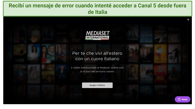 Screenshot of error message when trying to watch Canale 5 outside of Italy