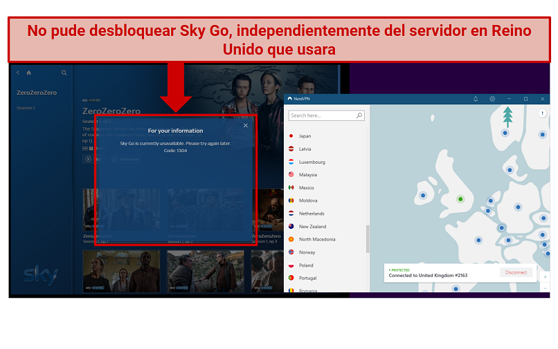 A screenshot of NordVPN not being able to unblock SkyGo
