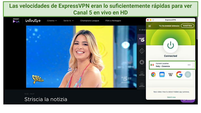 Screenshot of ExpressVPN's app connected to an Italy server while streaming Canale 5