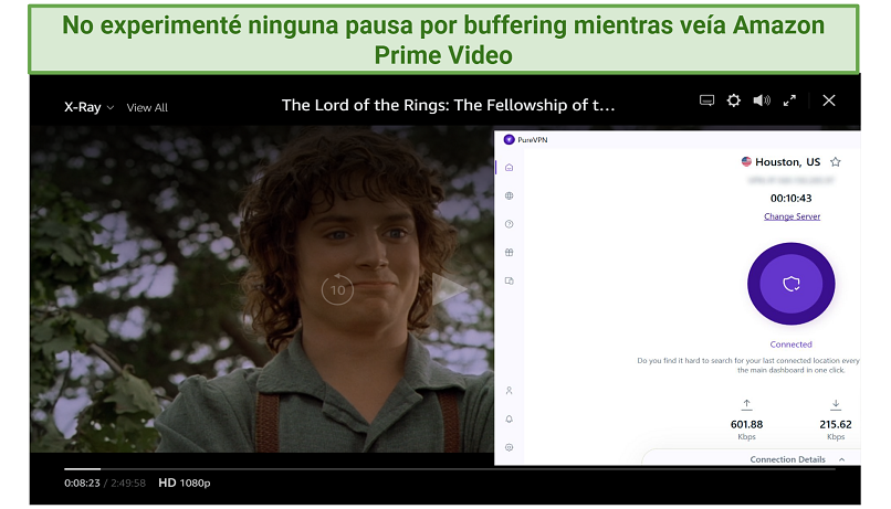 Screenshot of Amazon Prime Video player streaming Lord of the Rings while connected to PureVPN