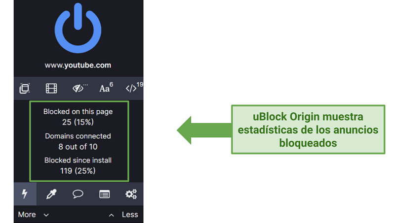 Screenshot of uBlock Origin's chrome extension UI