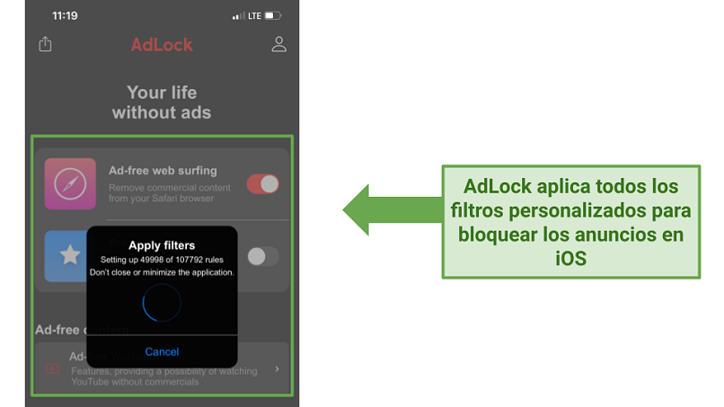 Screenshot of AdLock's iOS interface